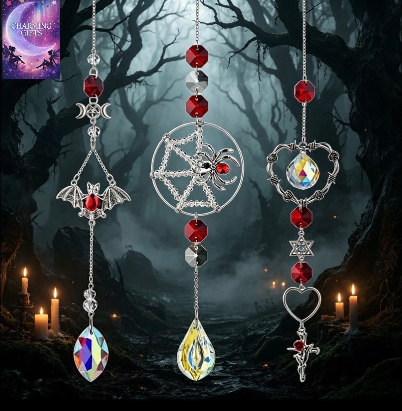Set of 3 Crystal Spider Catchers, Spooky Halloween Light Catchers, Spider Decorations on Webs, Witch Wall Hangings, Decorations for The Dark Season Red