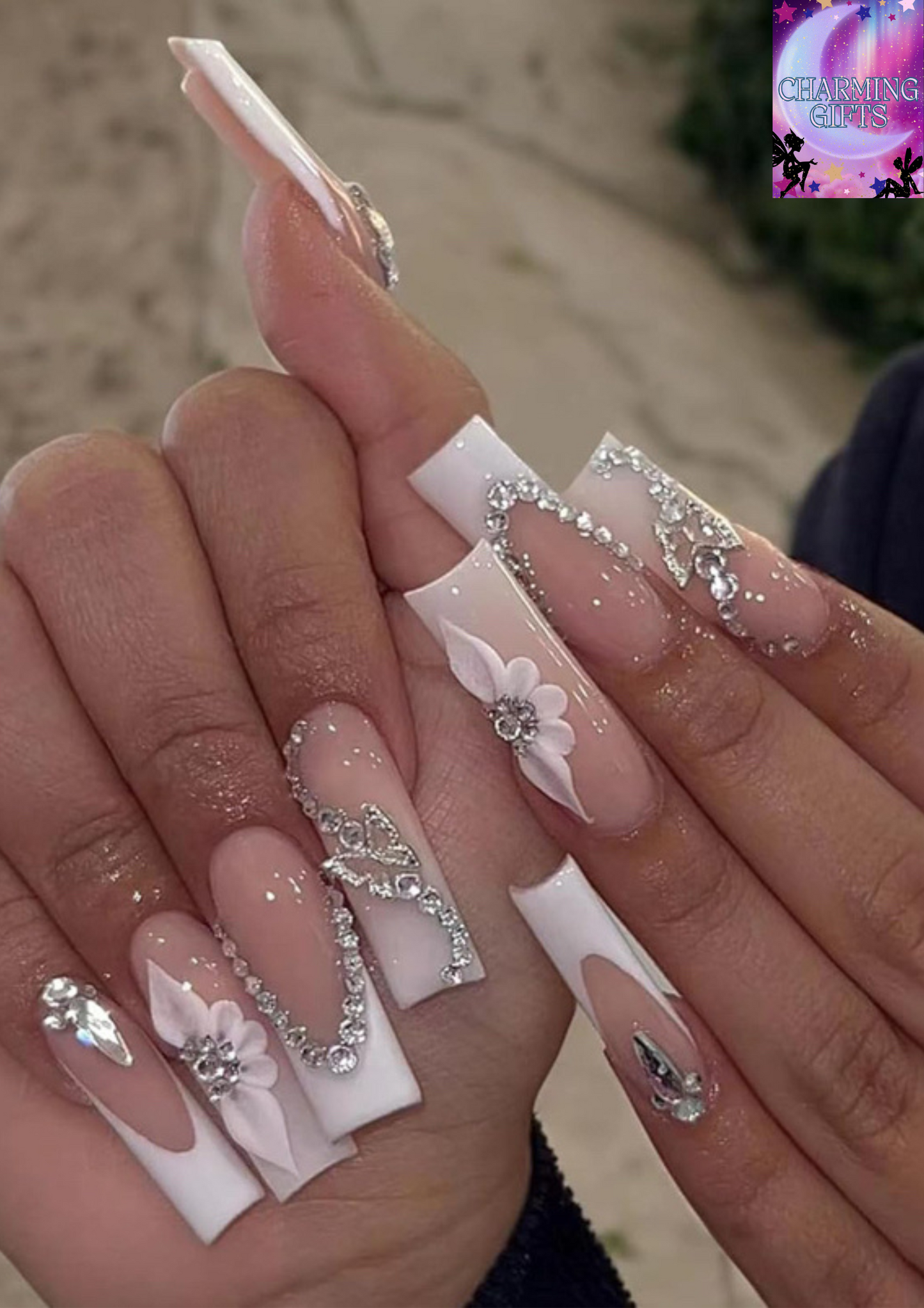 24pcs Long Square False Nails French White Tip Stick on Nails Nude Pink Press on Nails Rhinestone Butterfly Flower Removable Glue on Nails Full Cover Fake Nails Women Bridal Nail Art Accessories