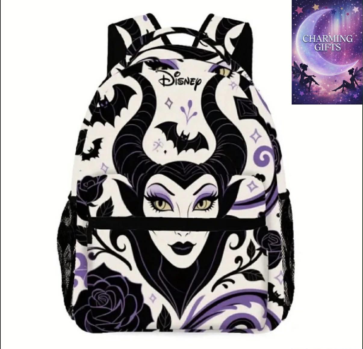 1pc 2D Printed Maleficent Themed Fashion Women's Backpack, Wipe with Dry Cloth, Multi-Purpose for Commuting, Fitness, Travel, Shopping, Camping, and Street Photography, Camping Accessory, Commuting Backpack, Trendy Design, Zip Closure, Casual