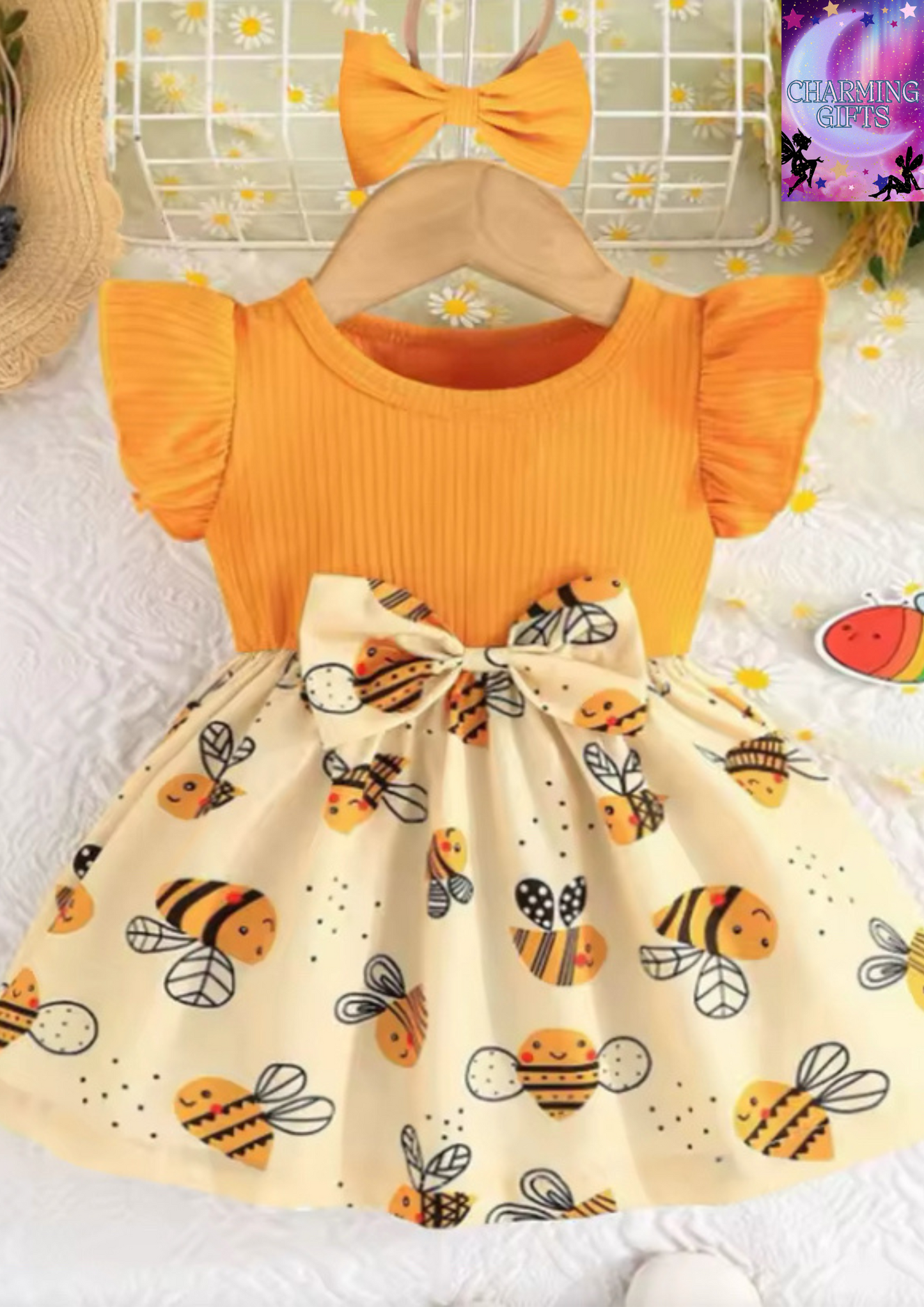 (0-3 Year Old Baby Girl Dress) Summer New Yellow Little Fly Sleeves Cute Bee Children'S Sleeveless Clothes+Bow Headband