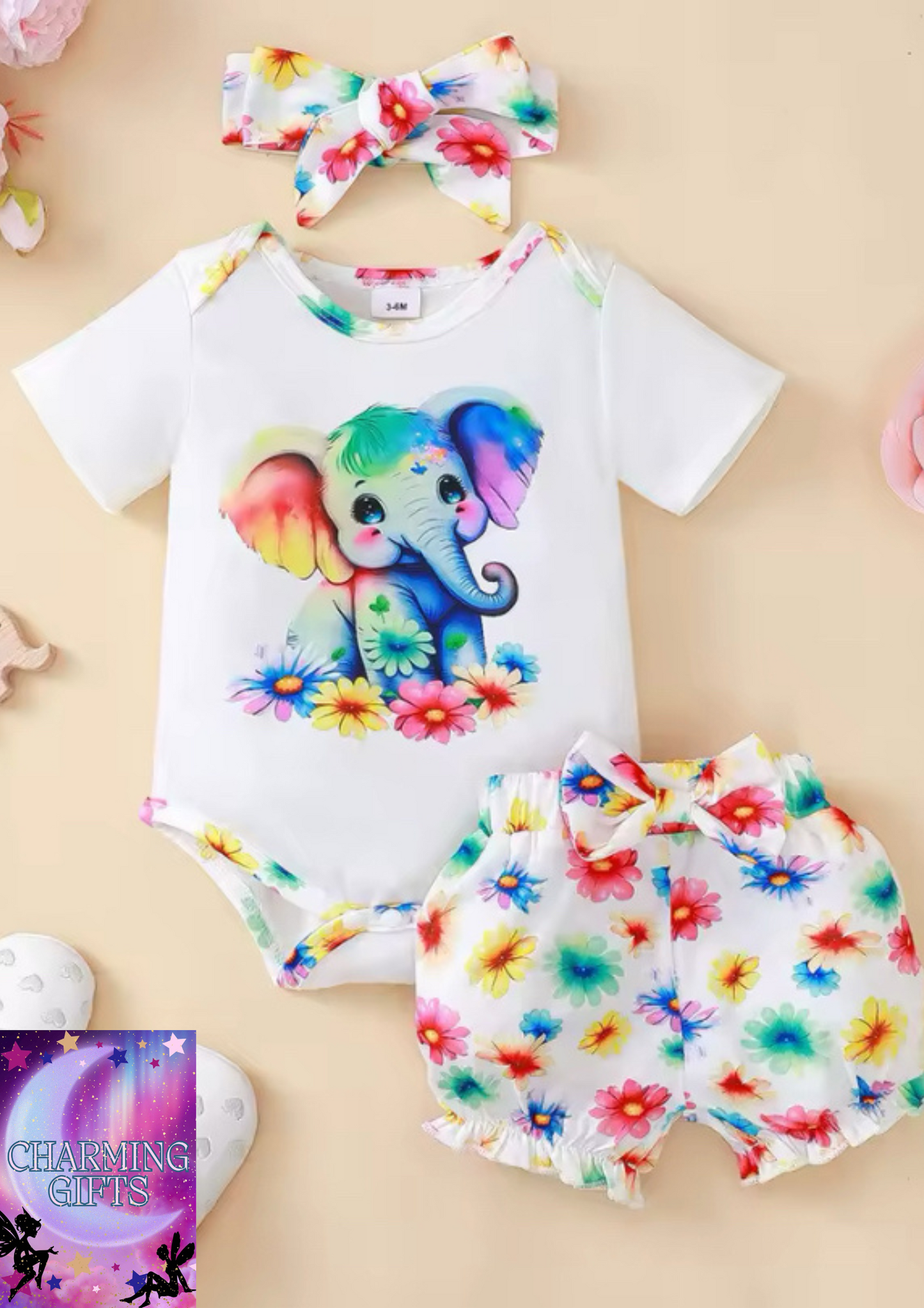 3PCS Newborn Baby Girl Clothing Set Short Sleeved Elephant Bodysuit+Flower Shorts Summer Casual Outfits for 0-24 Months Toddler