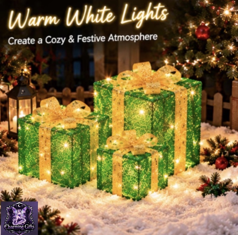 3pcs Christmas Lighted Gift Boxes Set, Green Glitter Present Boxes with Warm White LED Lights, Large Medium Small Sizes, Golden Bow Christmas Decorations for Home, Party & Holiday Decor