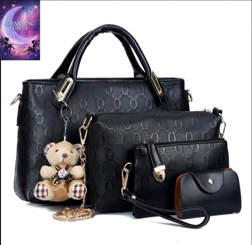 4 Piece Multi-Purpose PU Leather Handbag Set For Women, Large Top Handle Satchel Tote & Hobo Crossbody Shoulder Bag, Complete Matching Purse And Card Holder For Shopping Work Daily Outings