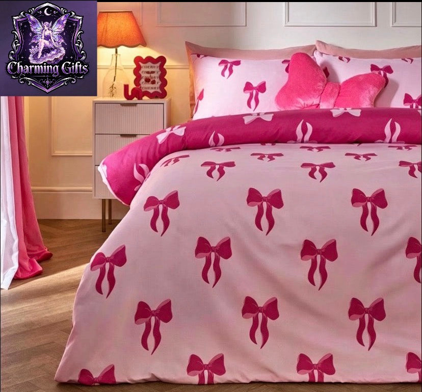 Pink Double Bedding Set Bow Printed, Birthday Gifts for Women Super Soft Microfibre Reversible Double Duvet Set Warm Cosy Stylish Duvet Cover with Pillowcases, Monochrome