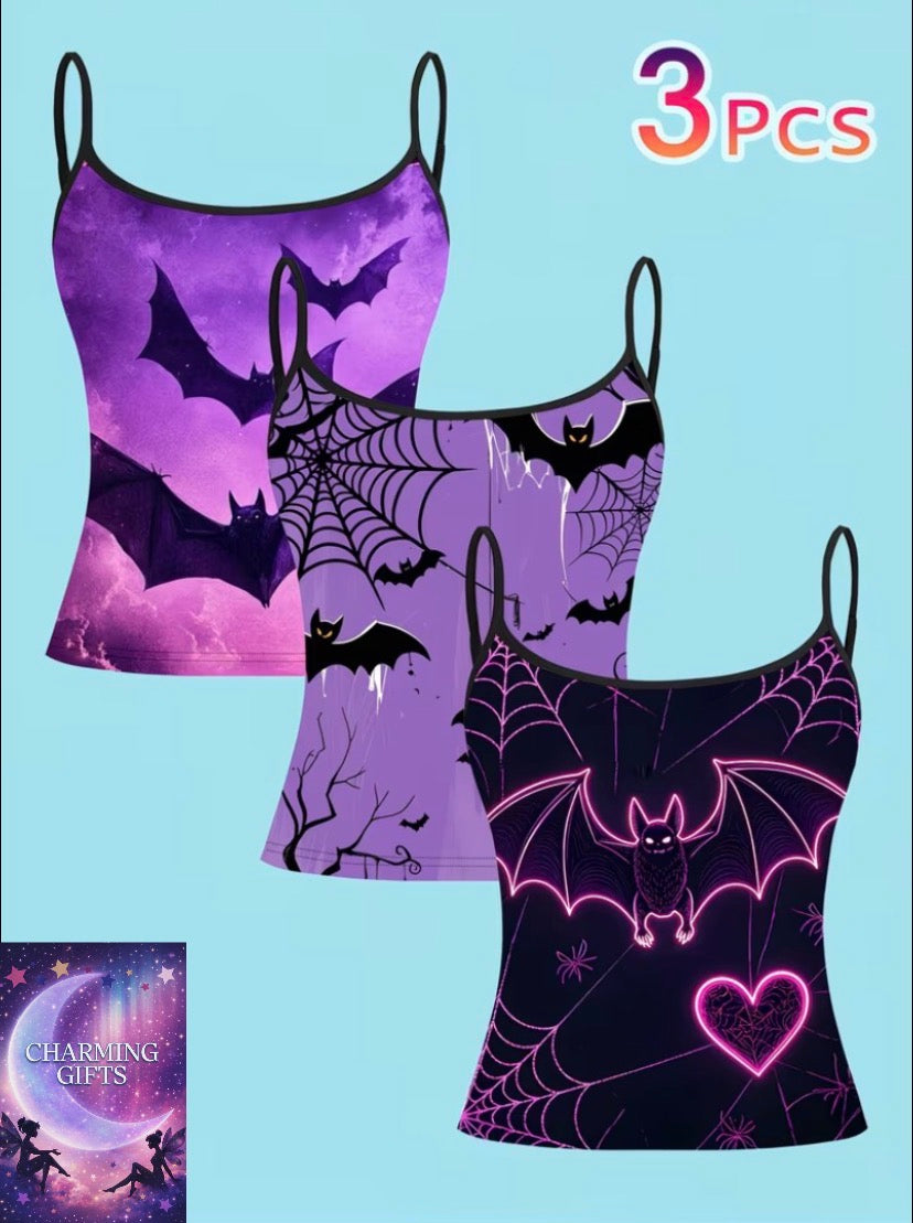 Plus Size - Set of 3 Large Size Purple-Themed Halloween Bat And Spider Web Print Camisole for Women, Featuring Thin Straps, Perfect for a Sweet And Edgy Look