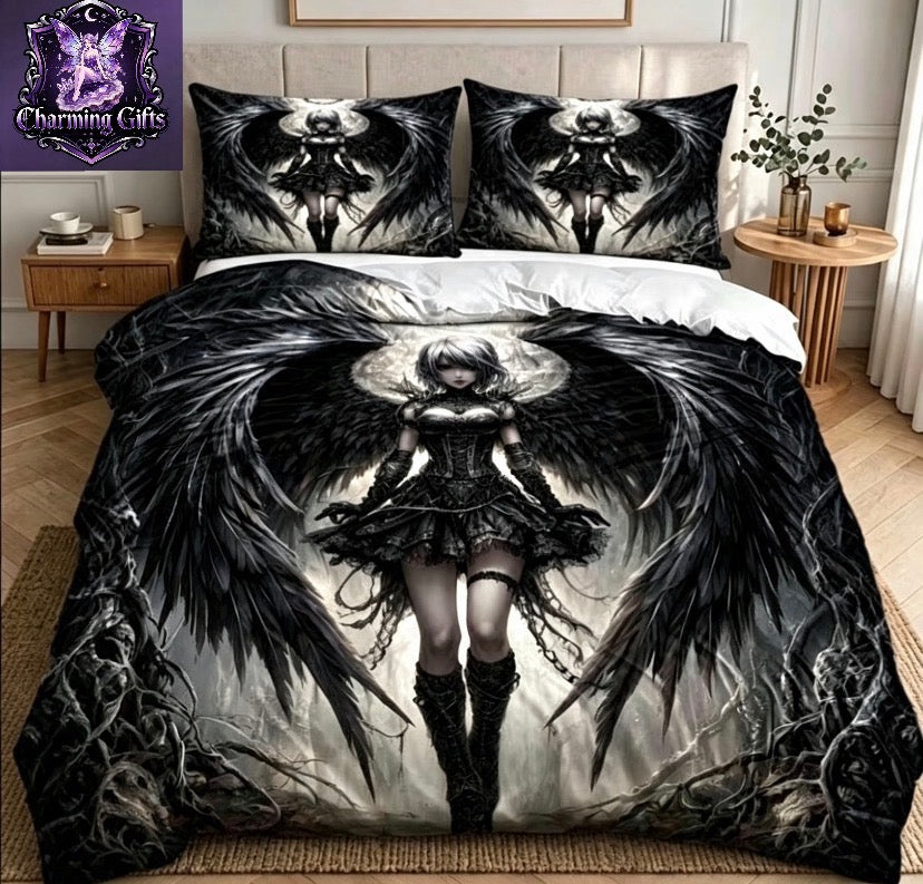 3pcs Duvet Cover Set, 1 Duvet Cover + 2 Pillowcases, No Filler, Black Dark Angel Theme, Gothic Art Style, Halloween, Mysterious, 3pcs Duvet Cover Set, 3pcs Bedding, Suitable for All Seasons, Machine Washable, Invisible Zipper, for Home, Double