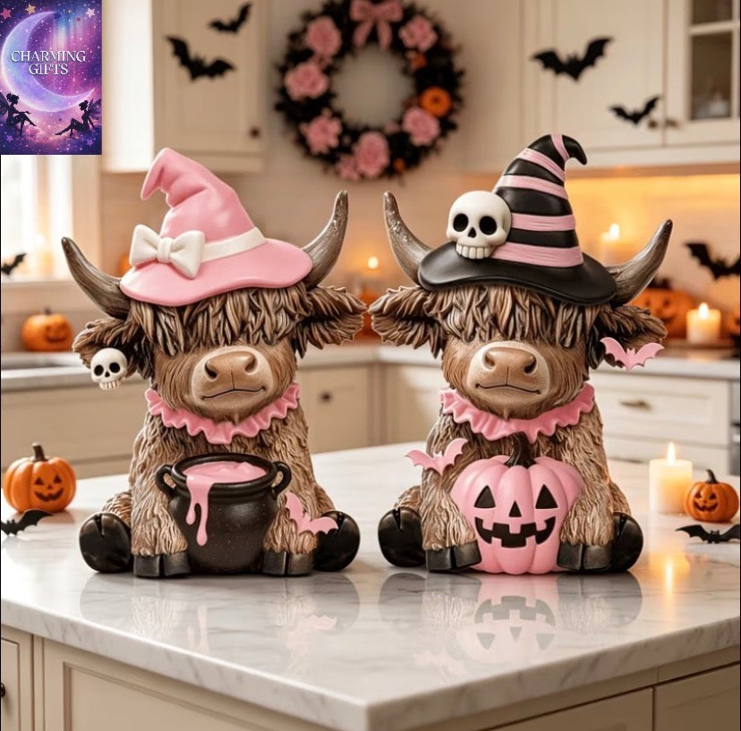 2pcs Pink Highland Cow Halloween Decor, Witch Cow with Pink Pumpkin And Big Pot, Cute Farmhouse Table Top Decor Stand, Layered Tray, Fireplace