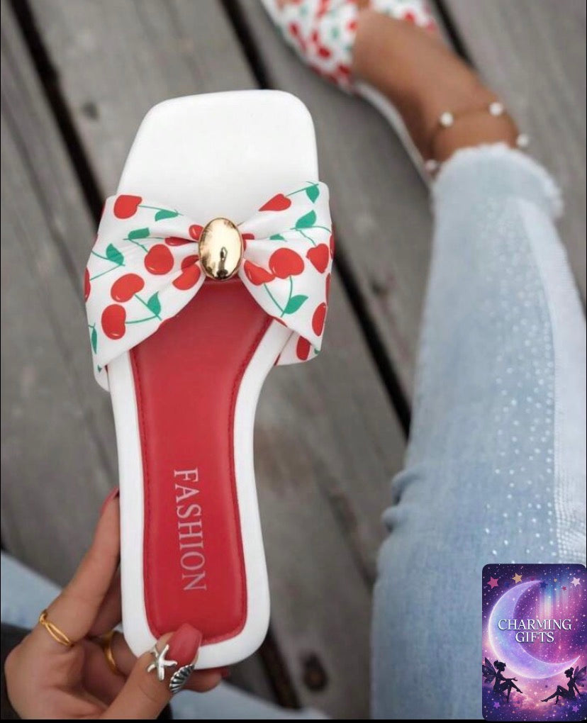 New Arrival Women's Cherry pattern Sandals, Flat Square Toe Design, Fresh Bow Accent, High-End Gold-Tone Hardware, Slip-On Style, Lightweight & Comfortable, Mix & Match , Suitable For Home, Spring/Summer Outdoor, Street Fashion Beach Slippers