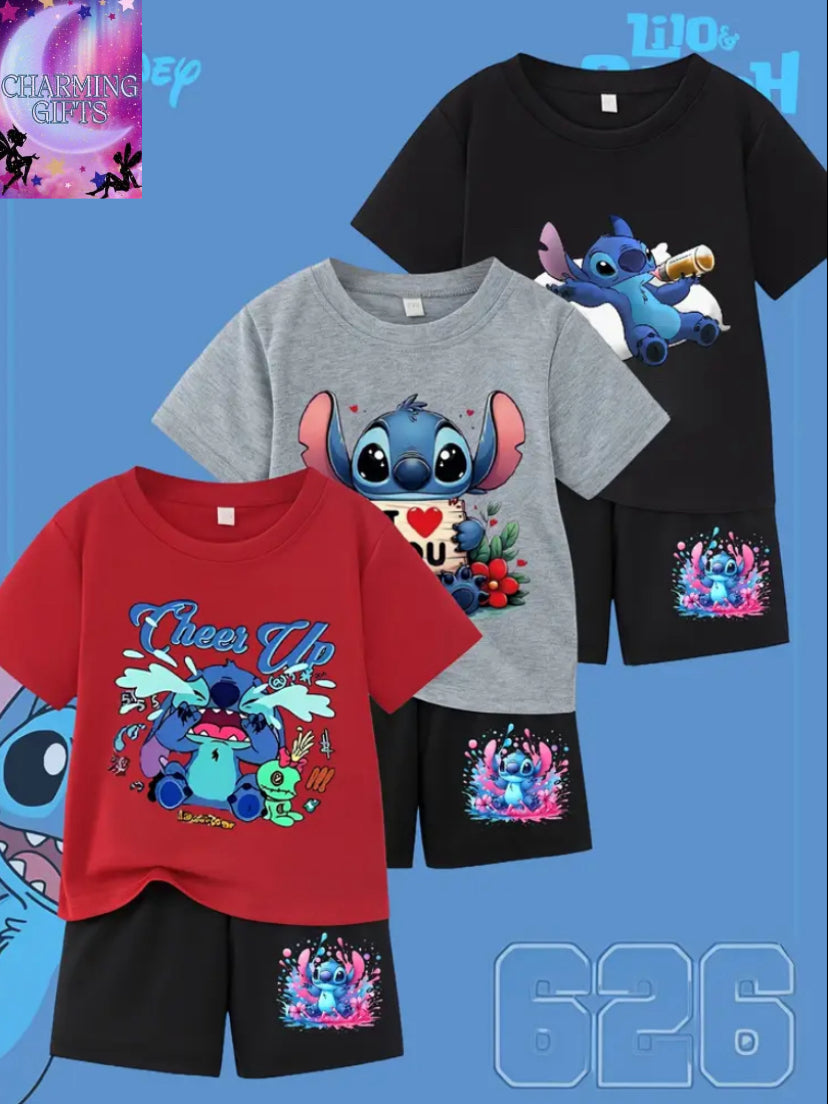 Disney Boys' 3pcs Set: Disney Stitch Cartoon Print Loose T-Shirt and Shorts Outfit for Outdoor Activities, Stitch Series Two-Piece Combo, Perfect for Outdoor