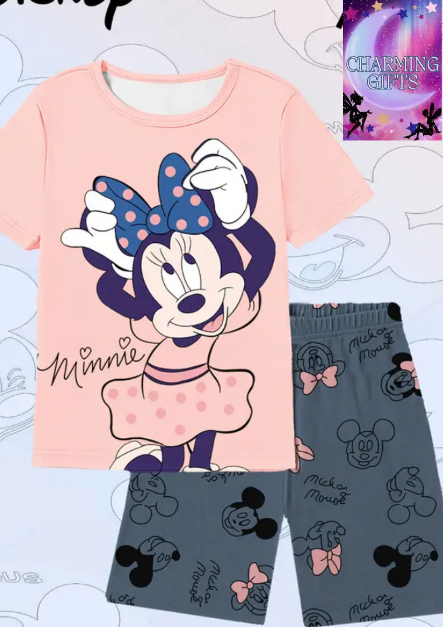 Minnie Mouse Pink Pajama Set for Girls - Short Sleeve Shirt & Shorts, Cartoon Print, Crew Neck, Slight Stretch Fabric, Perfect for Spring/Summer, Character Home Wear | Playful Design | Quality Character Clothes, Minnie Mouse Clothes