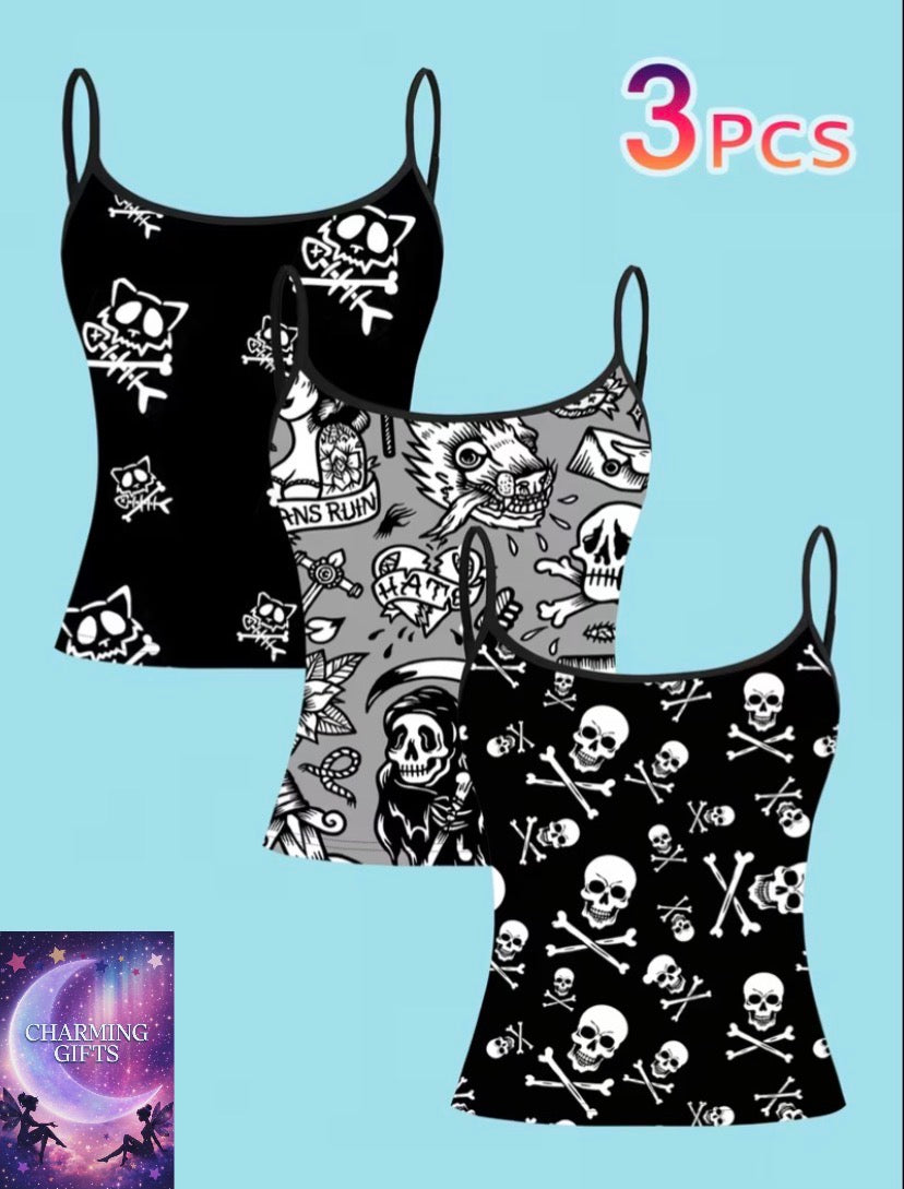 3pcs Set Plus Size Dark Punk Skull Print Camisole, Women's Unique Hot Style Innerwear, Streetwear Cool Vibe Top