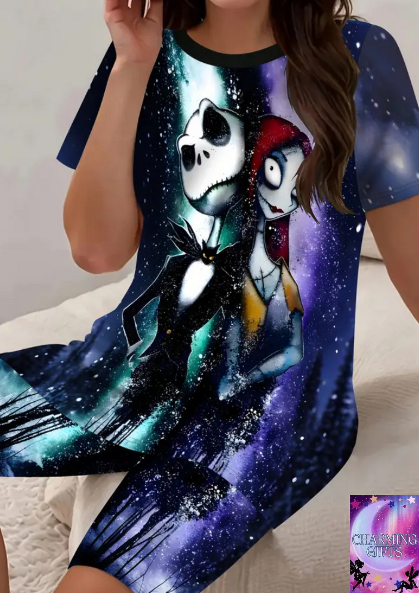 Women's Casual Comfort Short Sleeve Shorts Set with Disney Nightmare Before Christmas Skeleton Print, Suitable for Everyday Leisure and Beach Vacation