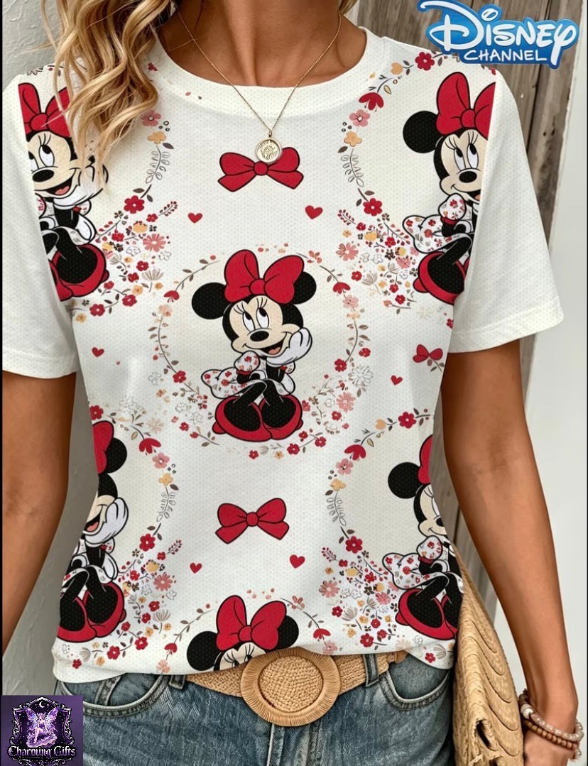 Disney Minnie Mouse Cartoon Print Short-Sleeve T-Shirt, Official Cartoon Apparel, Girly Vibe, Top Choice for Disney Fans, Summer Women's Printed T-Shirt, Excellent Holiday Gift, Popular Character Design, Women's Basic Fit, Simple and Elegant