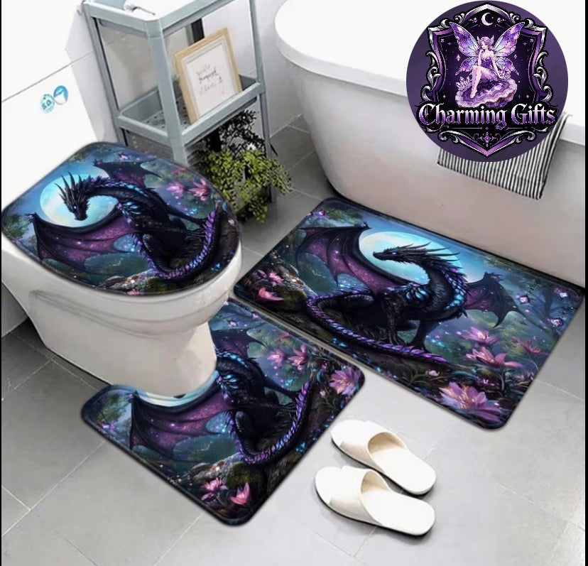 🐉 Moonlit Night Crystal Black Dragon Bathroom Mat Set — 3-Piece Collection ✨