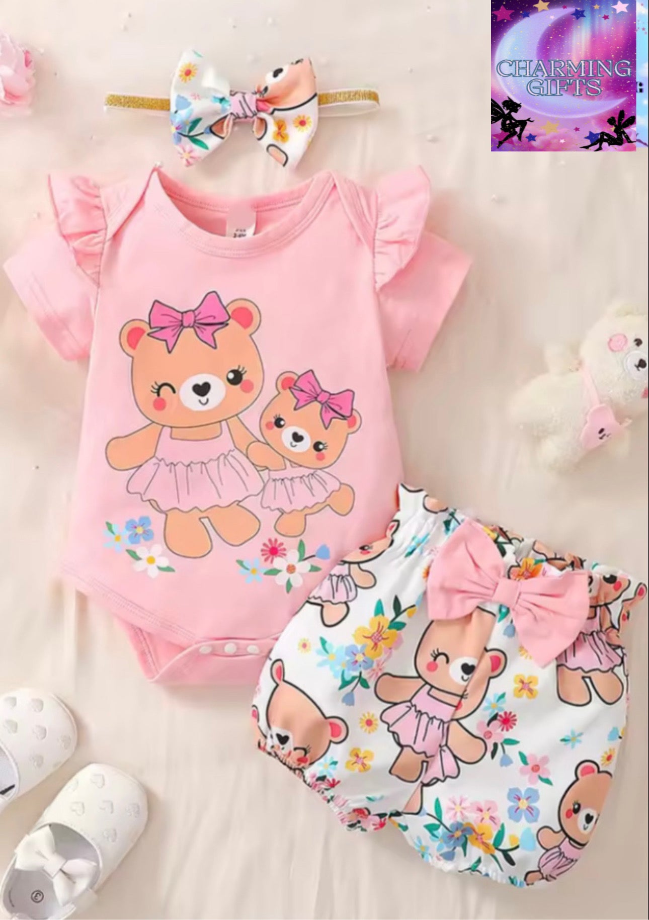 0-2Years Newborn Baby Girl Daily Clothes Set Cartoon Bear Short Sleeve Romper + Shorts with Headband Summer Lovely 3PCS Outfit