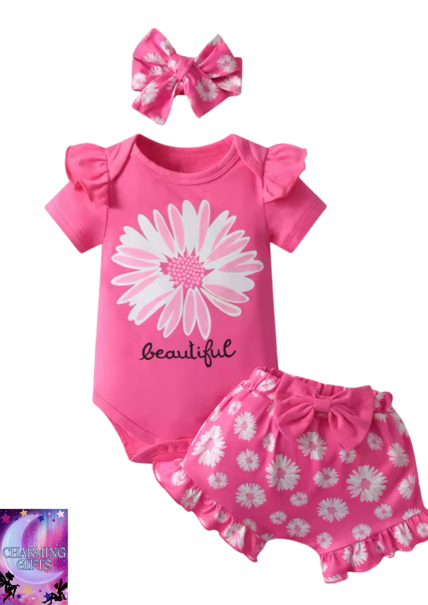 3PCS Newborn Baby Girl Summer Clothes Short Sleeve Round Neck Bodysuit Top and Floral PP Shorts Headband Fashion Outfit Set