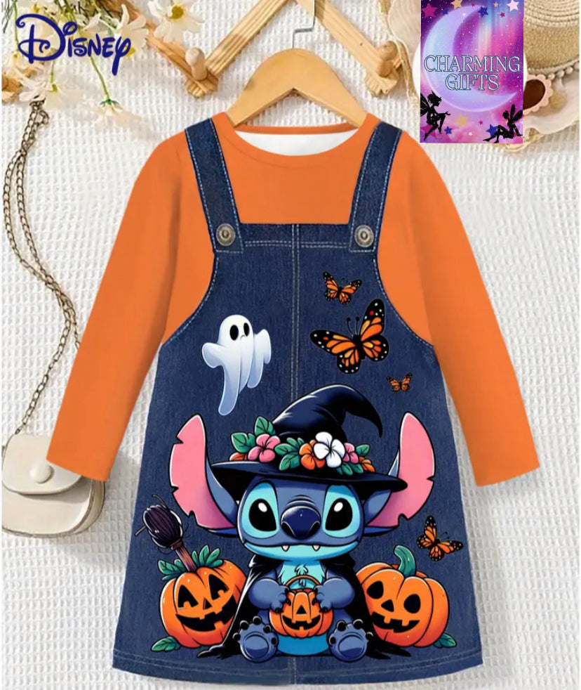Disney Stitch, Flame-Retardant Halloween Pajama Dress for Kids with Long Sleeves Imitation Denim T-Shirt Design, Perfect Holiday Sleepwear Gift for Girls