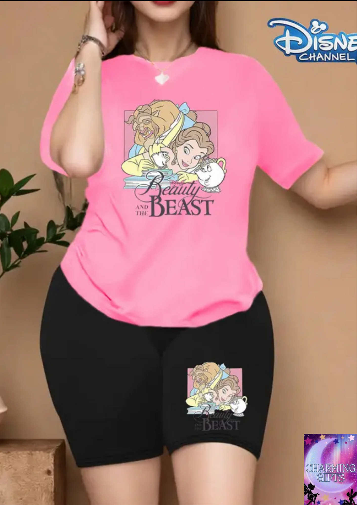 Disney Collection Beauty and the Beast Printed Short Sleeve Women's, Plus Size Women's Round Neck T-Shirt Shorts Set, Simple and Fashionable Summer Casual Sports Two Piece Suit Perfect choice!
