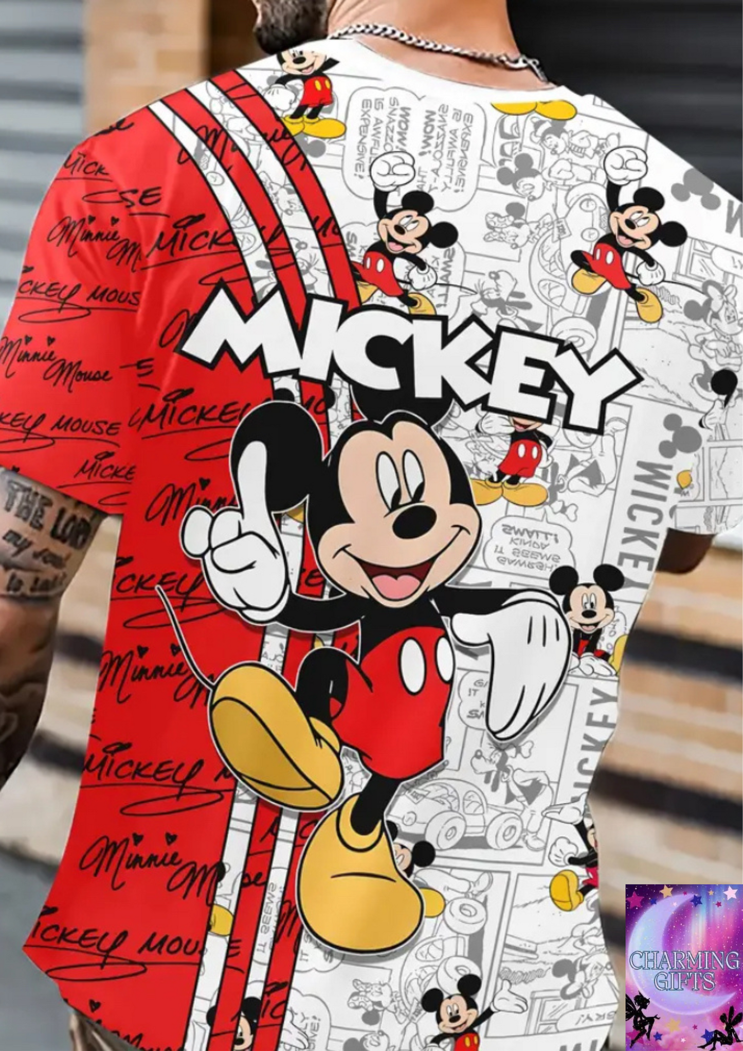 Men'S Mickey Mouse Graphic T-Shirt - Red & White, 3D Print, Casual Short Sleeve Tee with "MICKEY" Design, Slogan, and Cartoon Characters, Lightweight Polyester, Summer Fashion, Casual Summer Wear | Playful Graphic Tee | Bold Graphic Print