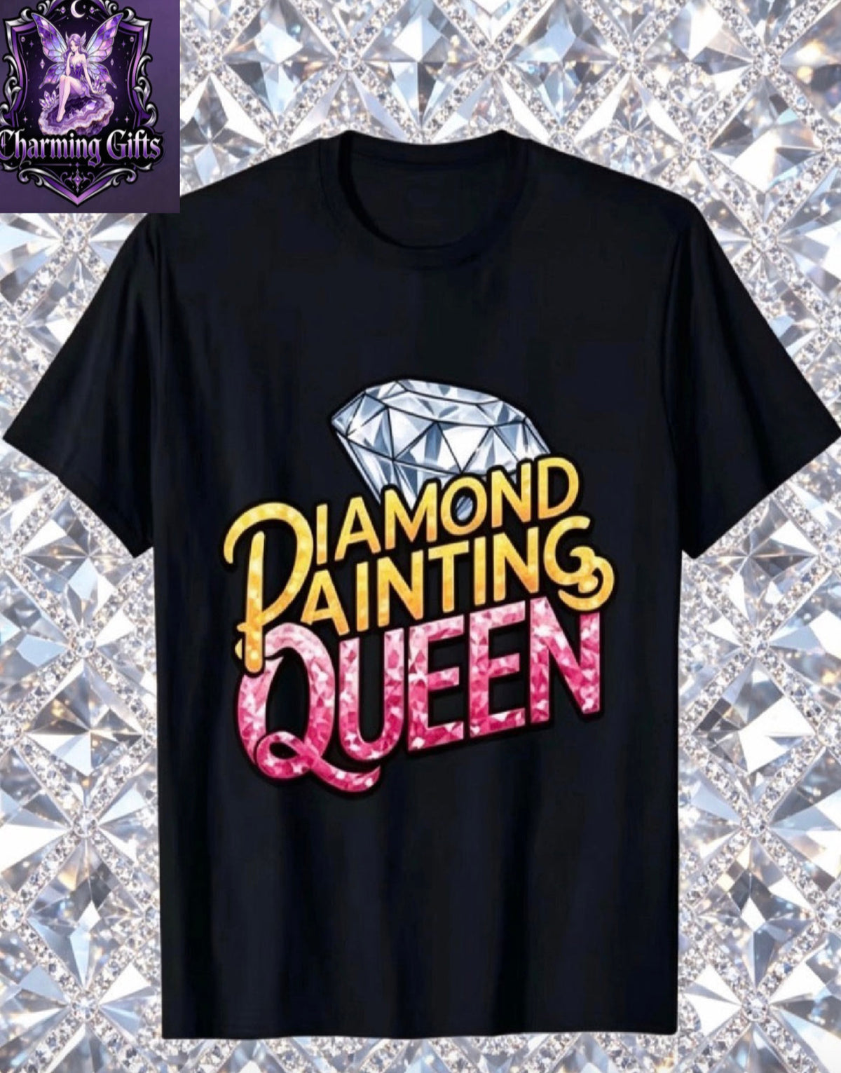 "DIAMOND PAINTING QUEEN" Rhinestone T-Shirt - 2D Print Round Neck Short Sleeve Casual Summer Tee with Diamond for Hobbyists, Machine Washable Black Top