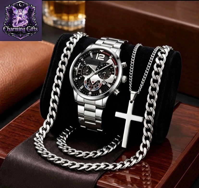 4pcs Men'S Business Sports Steel Band Watch + Versatile Necklace And Bracelet Set Christmas Birthday Anniversary Gift for Him