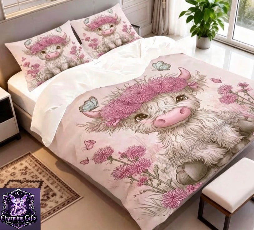 3pcs of 2D Flat-Printed Adorable Cartoon Bedding Featuring a Pink Pastel Cow Adorned with Flowers And Butterflies, Perfect for Different Occasions (Includes 1 Duvet Cover And pillow cases Double