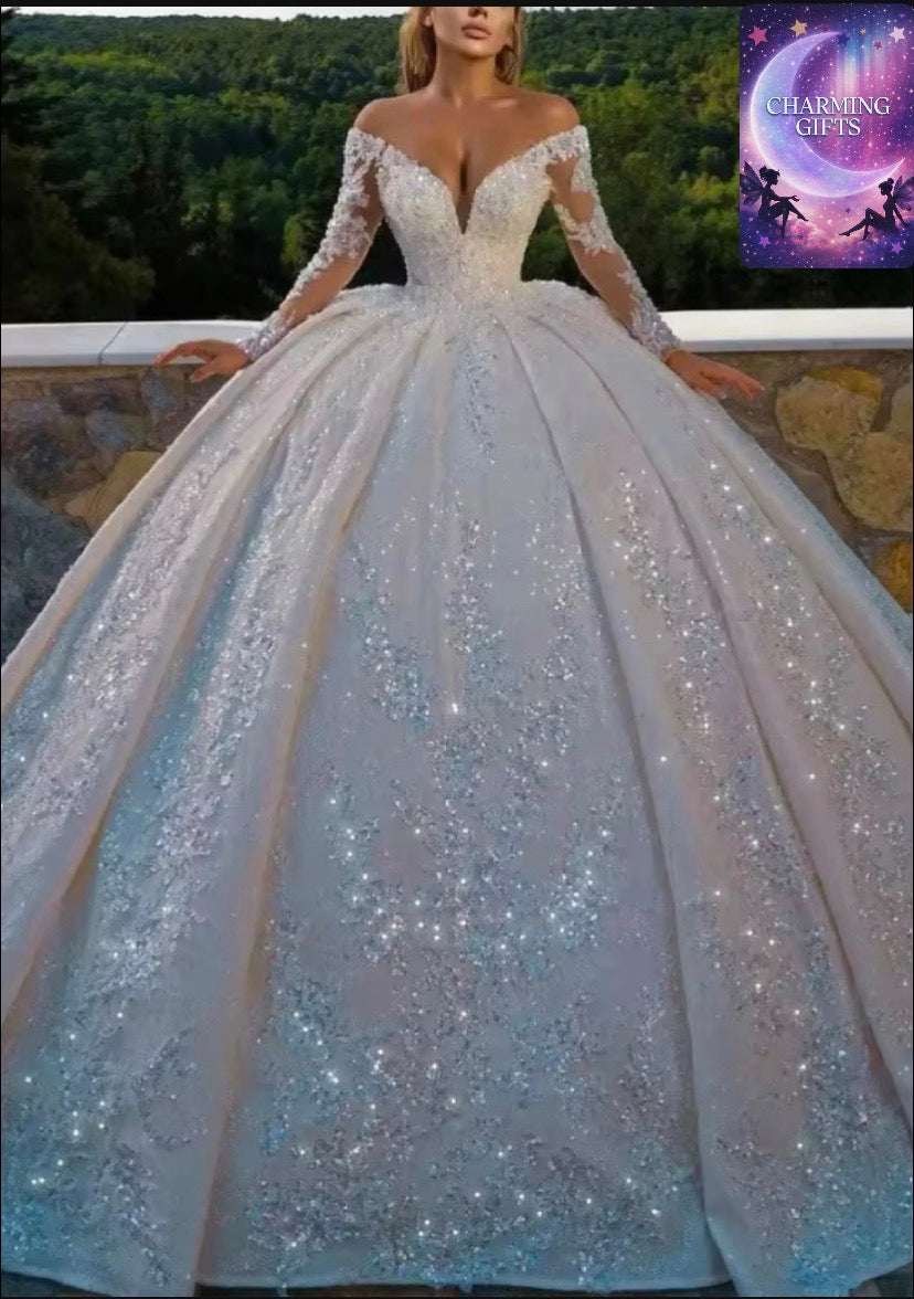 V-Neck Lace Wedding Dresses Off The Shoulder Long Sleeve Shiny Beaded Sequins Princess Ball Gown Vestidos De Novia