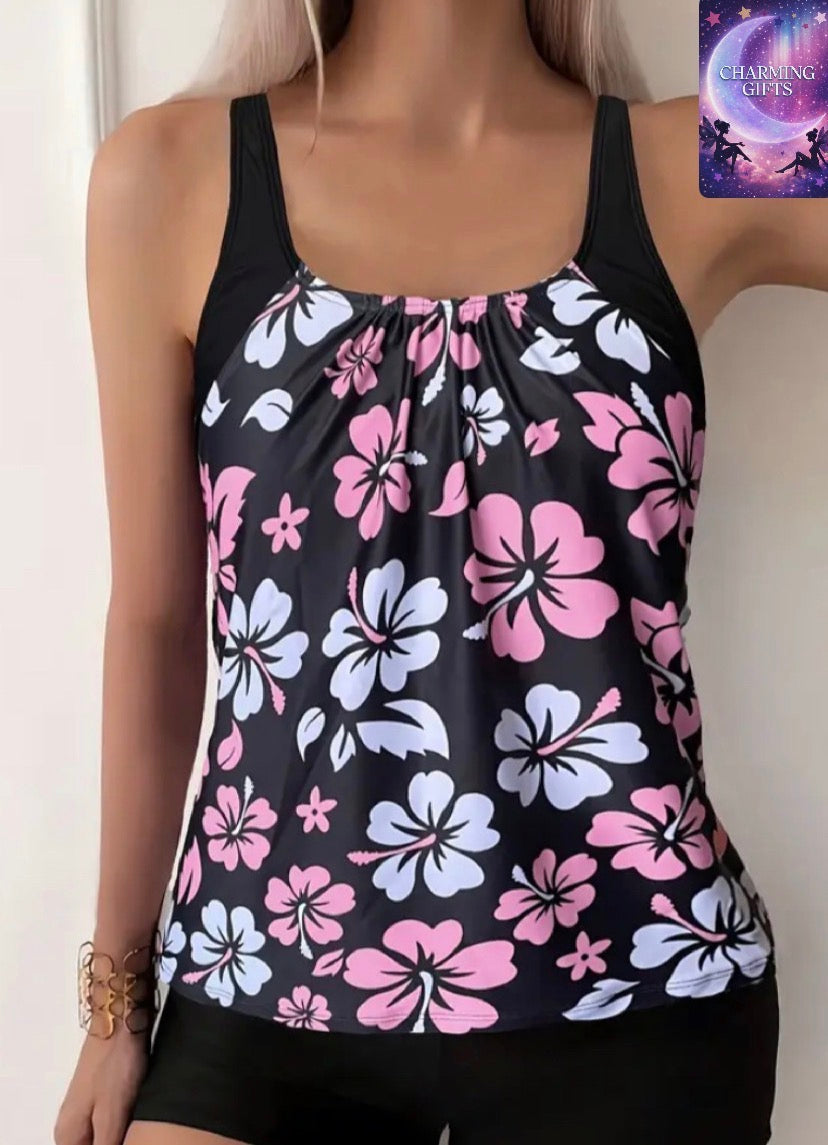 Elegant 2pcs Black Tankini Set - Stretchy Polyester & Elastane Blend, Ruched Sleeveless Top & High-Waisted Boxer Shorts - Machine Washable, Perfect for Swimming