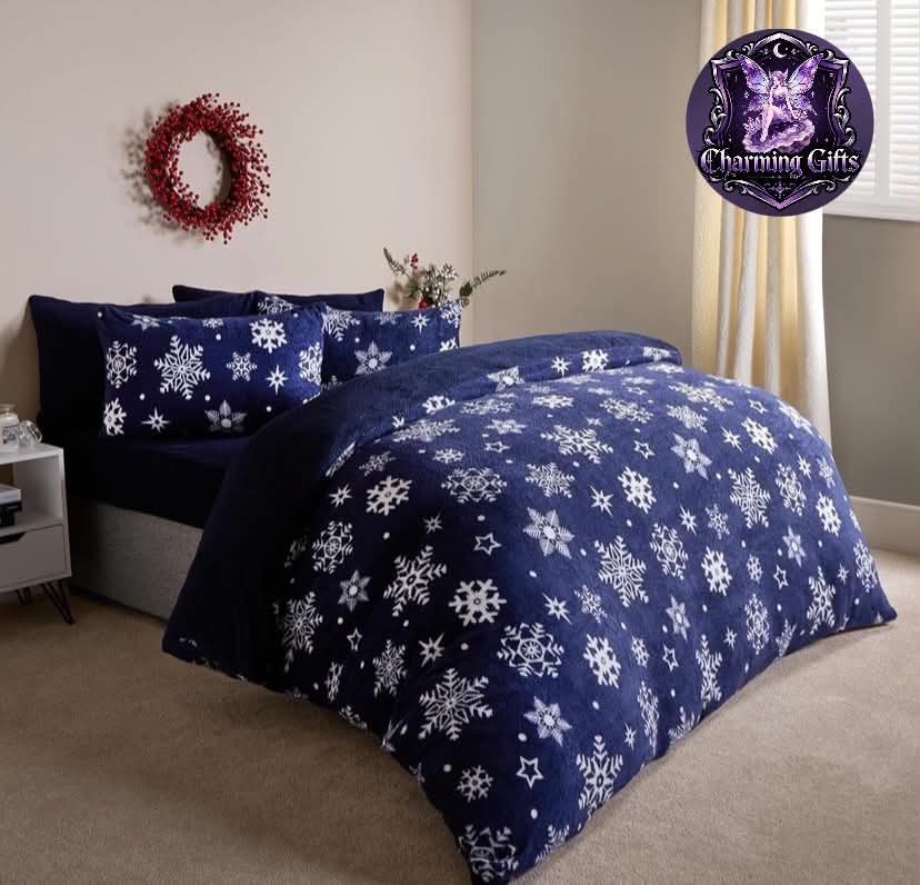 Title
🌙 Navy Snowflake Teddy Fleece Christmas Bedding — Double Size ❄️
