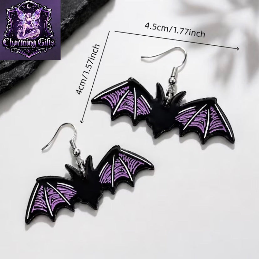 🦇 Purple-Black Gothic Bat Dangle Earrings — Y2K Witchy Vibes