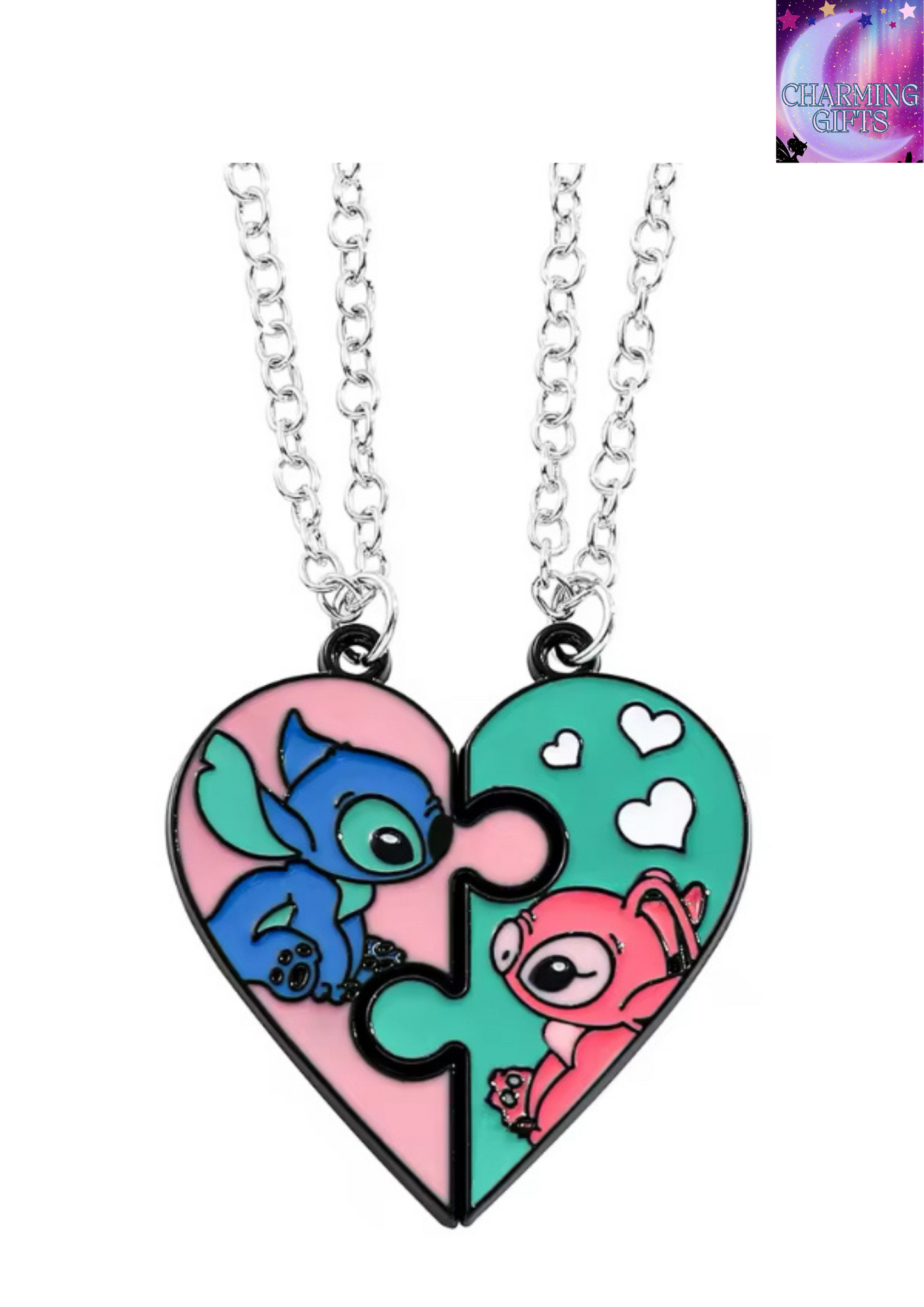 1pair Fashion Creative Disney Cartoon Stitch and Angie Heart Pendant Necklace for Women Jewellery
