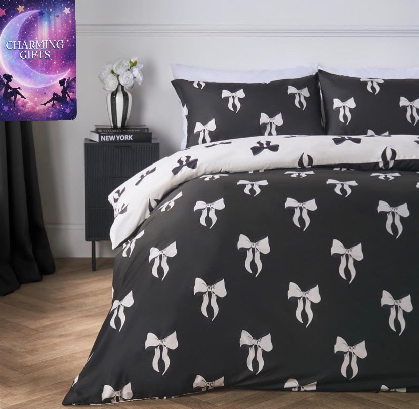 Bow Printed, Birthday Gifts for Women Super Soft Microfibre Reversible Double Duvet Set Warm Cosy Stylish Duvet Cover with Pillowcases, Monochrome
