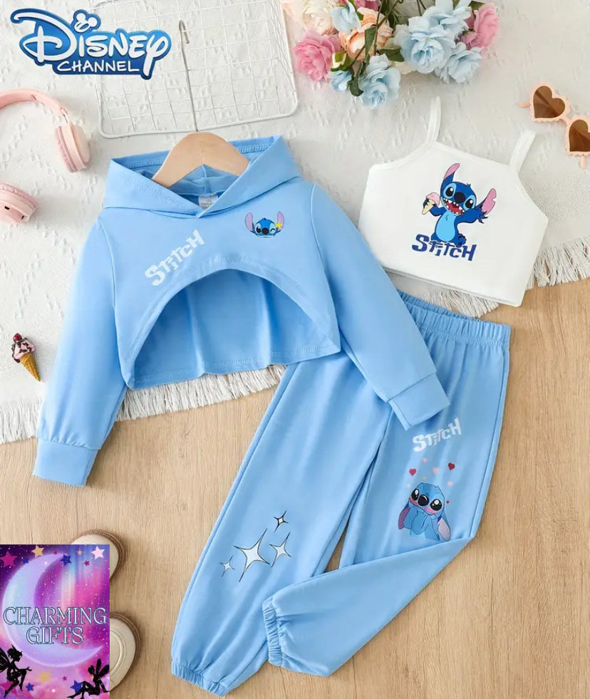 Disney Girls' New Autumn and Winter 3pcs Set with Stitch Long Sleeve Hooded Cape, Classic Cartoon Pattern Vest, and Casual Pants Made of Soft Comfortable Fabric, Perfect for Parties, Shopping, Travel, School, and Home Wear - a Great Gift for, for Outdoor