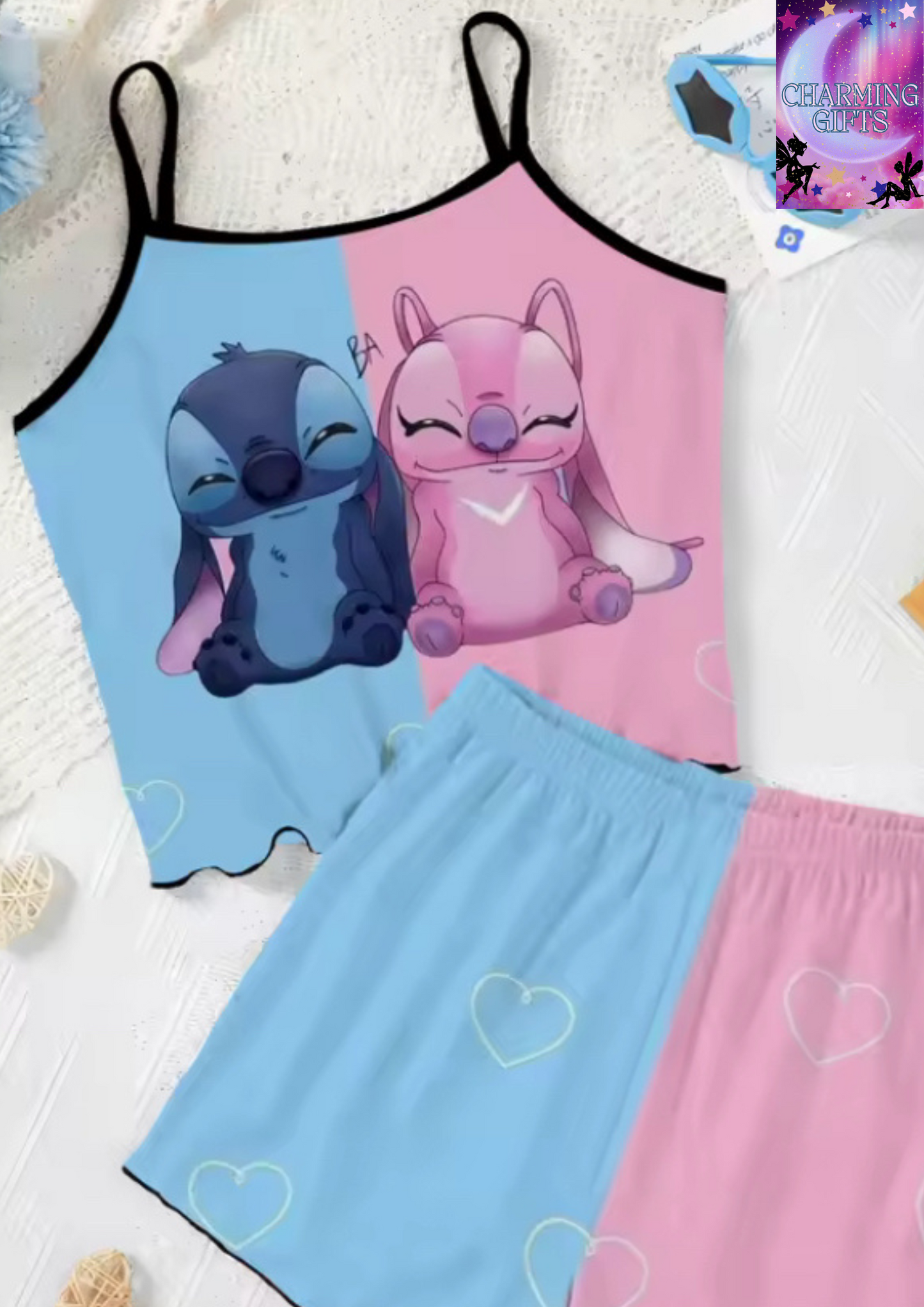 Elegant Women's Sets Lettuce Trim Pajama Skirt Disney T-shirt Slip Dress Stitch Top Pieces Short Piece Outfit Summer Suit Disney