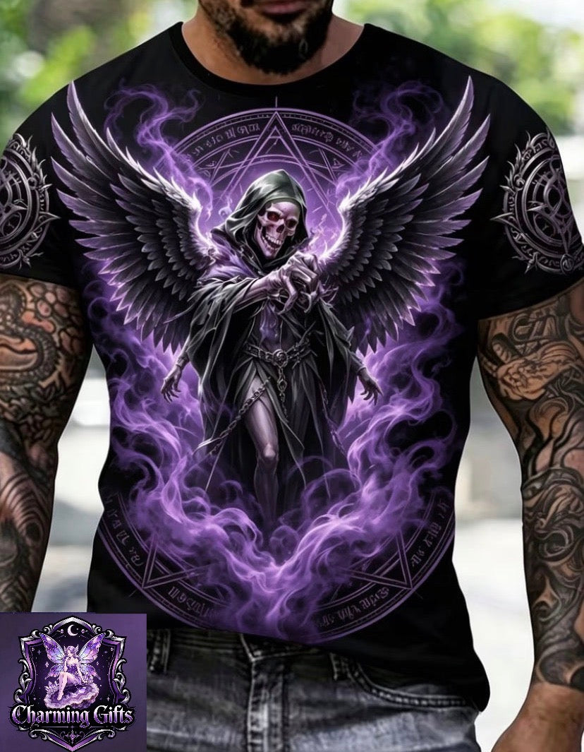 Purple Flame Wing Grim Reaper Plus Size Men'S Short Sleeve T-Shirt, Plus Size Loose Fit Round Neck Casual Summer Men'S Top