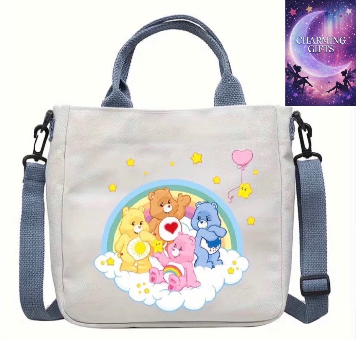 Women'S Cute Care Bears & Rainbow Clouds Crossbody Bag with Magnetic Closure - Pastel Pink & Heart Bear Design, Adjustable Strap & Golden-Tone Hardware, Perfect Gift For Women, Travel, School - Durable Handbag, Cute Purse, School Accessory