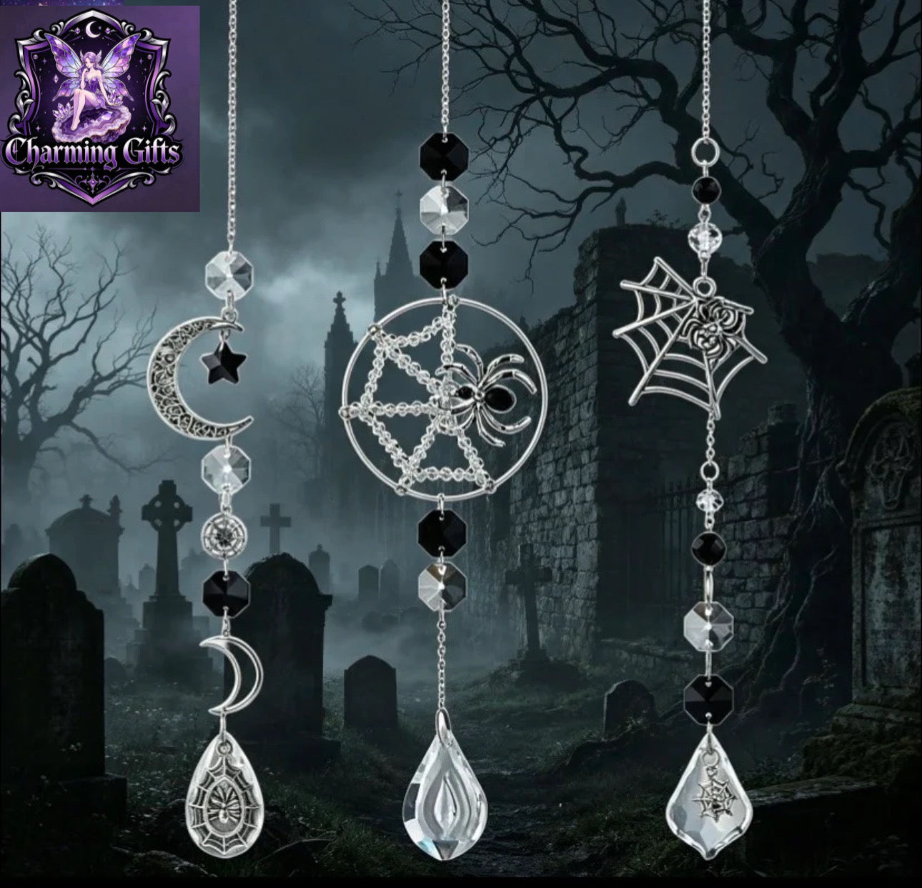 Set of 3 Crystal Spider Catchers, Spooky Halloween Light Catchers, Spider Decorations on Webs, Witch Wall Hangings, Decorations for The Dark Season black