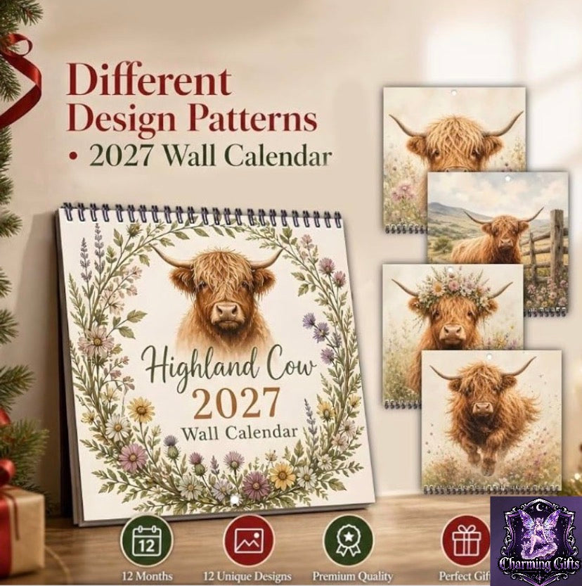 2027 Highland Cow Wildflower Wall Calendar – 12-Month Twin Wire Spiral, Large Writable Blocks, Boho Farmhouse Decor, Christmas Gift for Coworker & Teacher