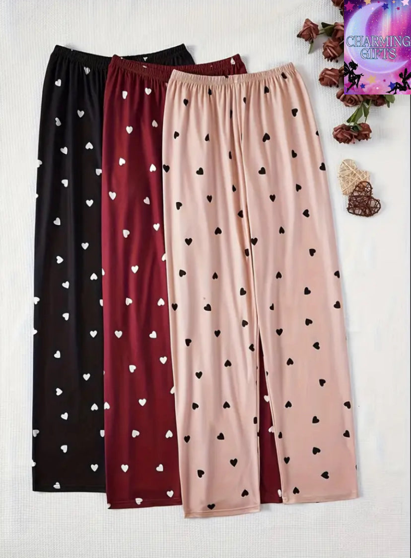 3pcs Plus Size Heart Print Sleep Pants, Women's Bow Elastic Waistband Loose Home Trousers for Spring & Autumn