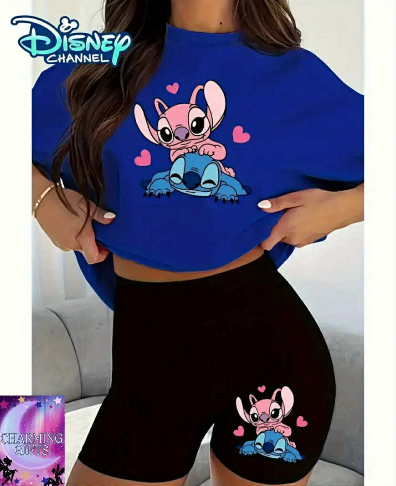 Disney Channel Plus Size Women'S Athletic Short Sleeve Set, Creative Angel & Stitch Fun Love Print, Women'S T-Shirt & Pants Two-Piece, Machine Washable, Suitable for Sports and Home Leisure Scenes, Great Gift.