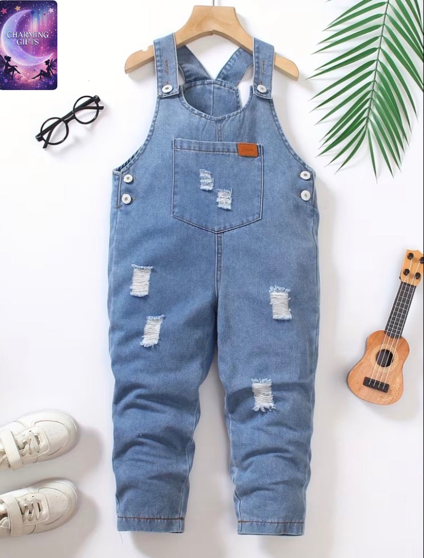 A Trendy and Stylish Adjustable Button-up Overalls with Chest Patch Pockets and Ripped Details for Young Boys, Perfect for Outdoor