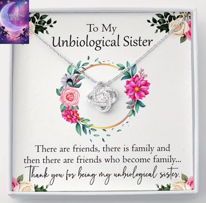Shiny Synthetic Zirconia Decor Knotted Pendant Necklace, Gift Box + Card + Necklace Set, Gift for Unbiological Sister, Christmas Gift