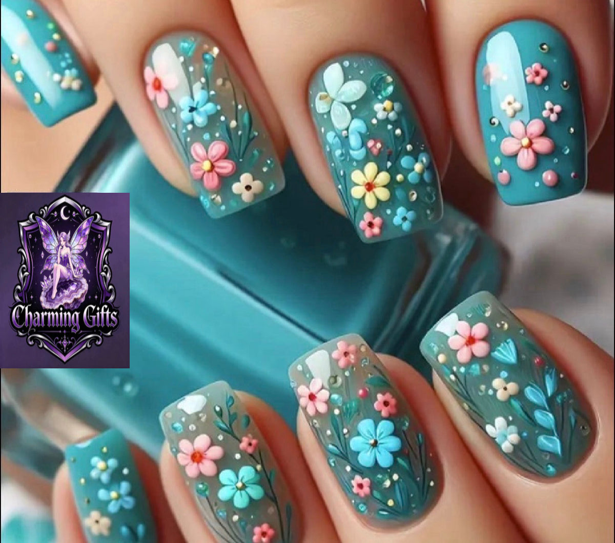 24pcs Spring Summer Blue Floral Press-On Nails - Short Square Glossy Wearable Nail Patches with Jelly Glue & File Strips, Vibrant Flower Designs for Hands & Feet, Nail Accessories, Quick Beauty Fix, Hand And Foot Decor, Durable Pressons