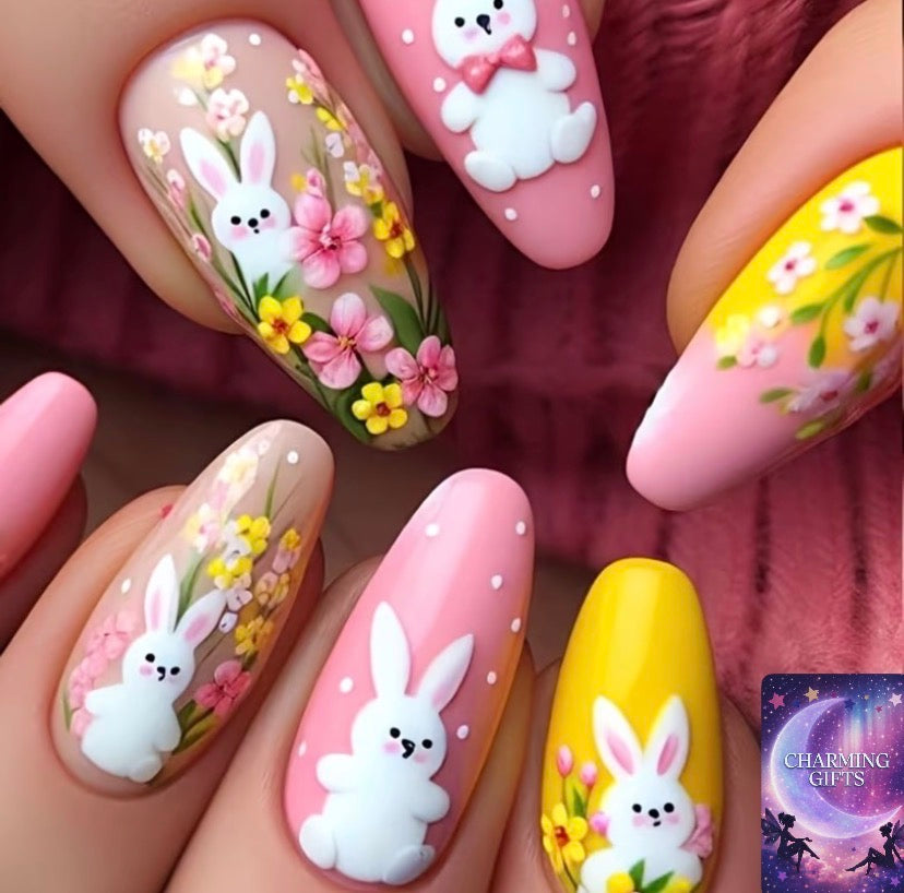 24pcs Spring Summer Press-On Nails with Bunny & Flower Patterns - Glossy Nail Art Suitable for Women &, Easy Application & Removal, Spring Summer Nail Decorations for Easter & Parties