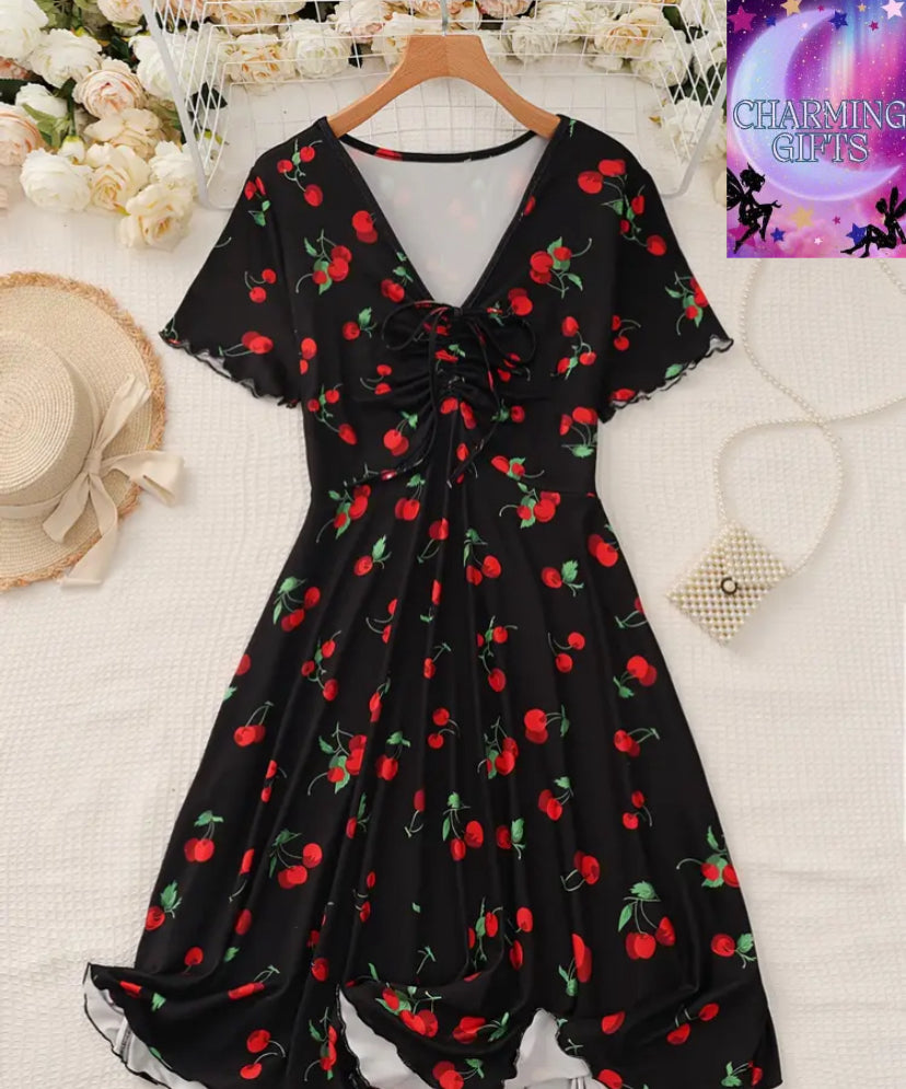 Plus Size - Elegant Plus Size Cherry Print A-Line Dress with Chest Pleats & Elastic Waist - V-Neck, Short Sleeve, Knee-Length Summer Dress for Women, Casual Outing Attire, Casual Attire | Vneck Dress | Medium Elasticity, Cherry Dress