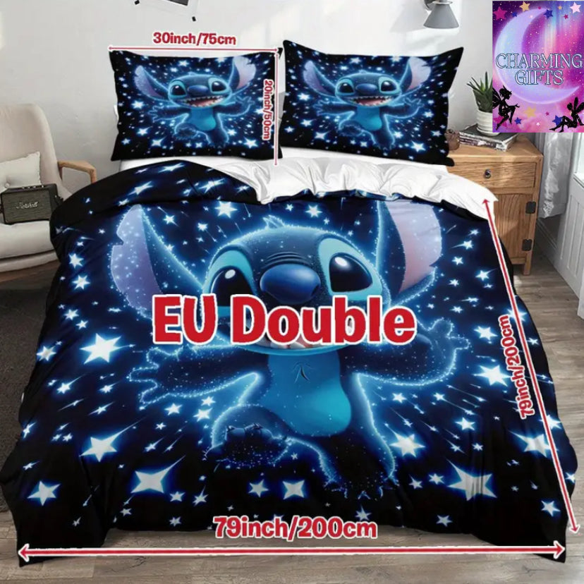 3pcs Stitch Glow-in-the-Dark Star Print Bedding Set (1 Duvet Cover + 2 Pillowcases), Fits Home Bedroom, Guest Room, Dorm Decor Bedding Set, Bedding Accessories ( Double )