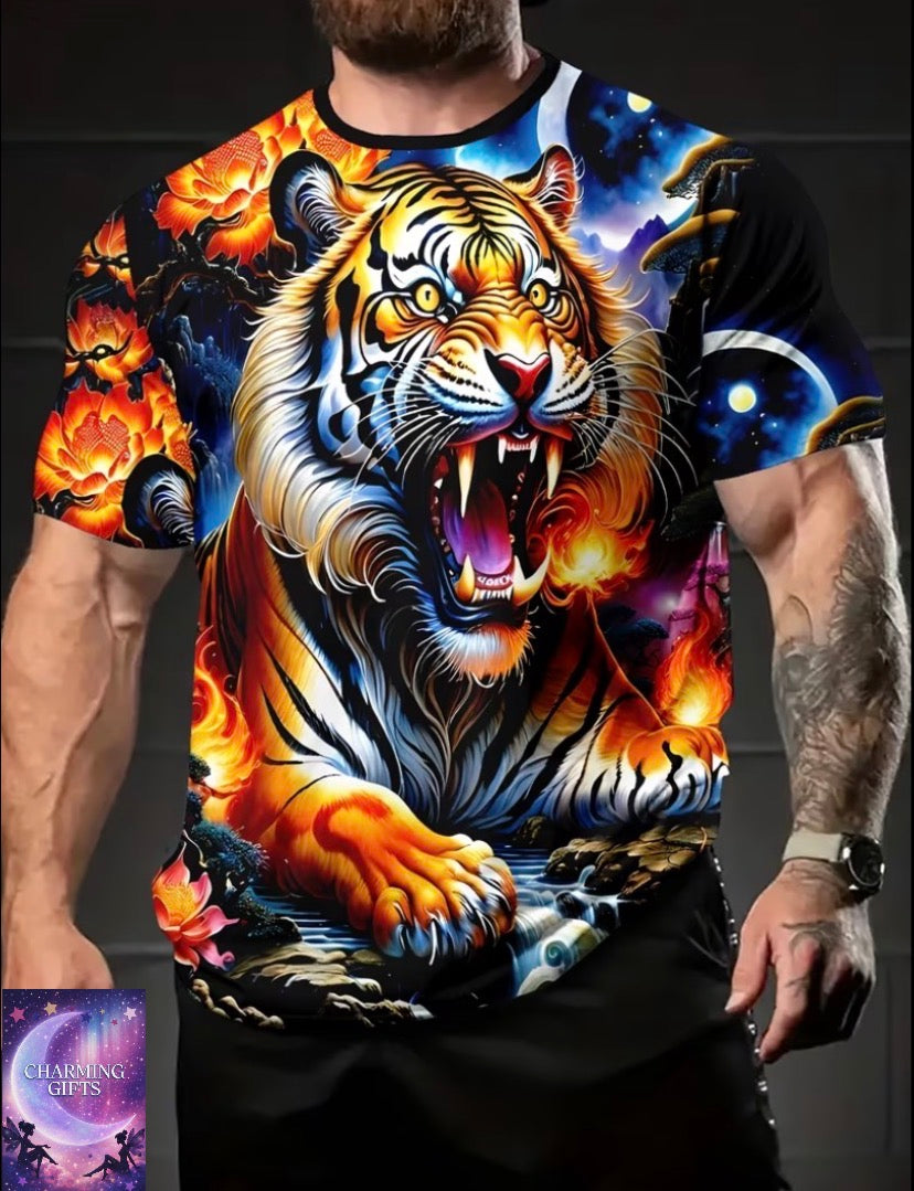 Pearson' Features a Short-Sleeved Print T-Shirt with a Tiger And Flower Design, Perfect for Casual Summer Outings for Men