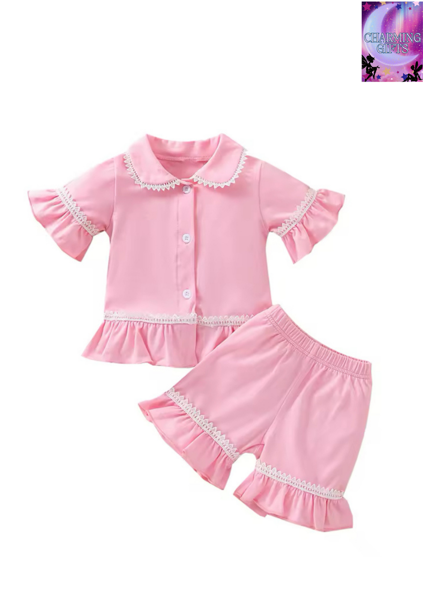 Kids Baby Girl Sleepwear Set T-shirt and Shorts Pajamas Set Fashion Lace Trim Short Sleeve Tops Short Pants Home Clothes 1-7T