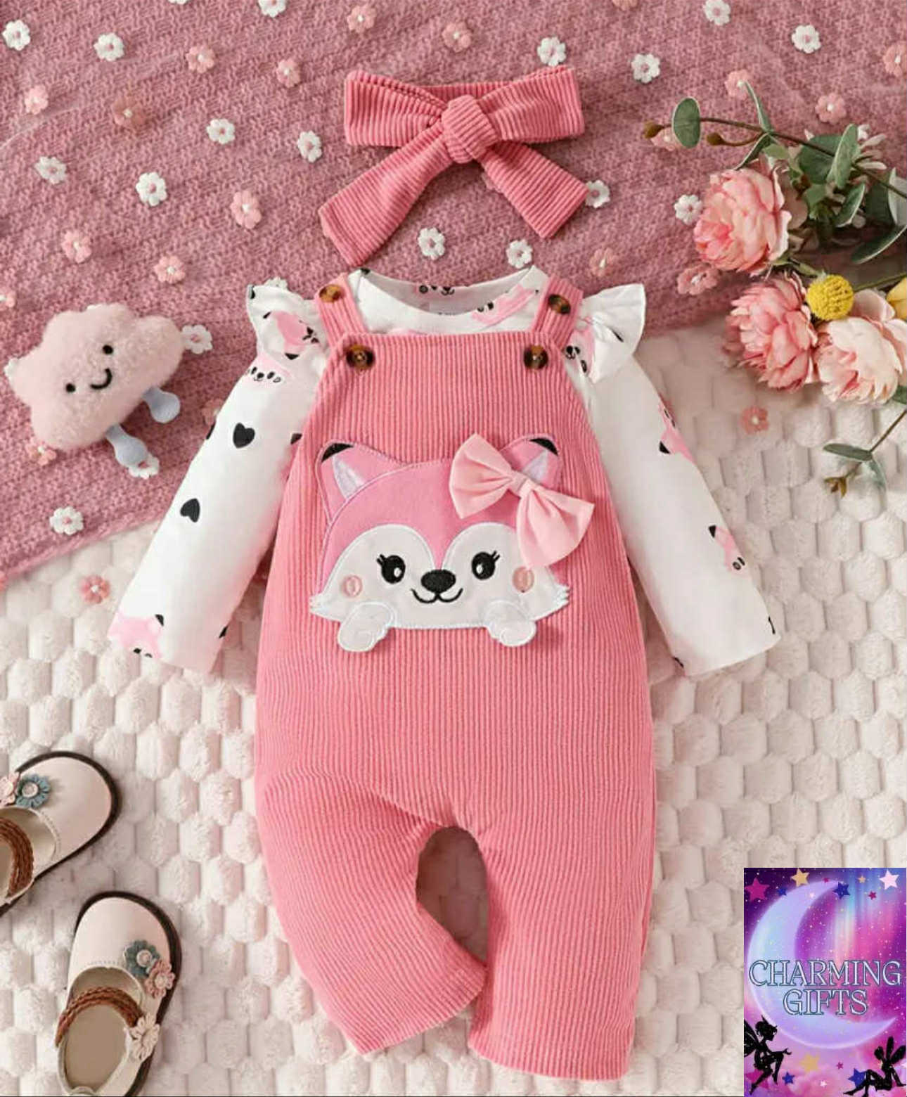 Adorable full-print cartoon fox long-sleeved onesie and fox badge fleece sweatshirt with suspenders + hairband three-piece set suitable for girls' spring and autumn outdoor activities