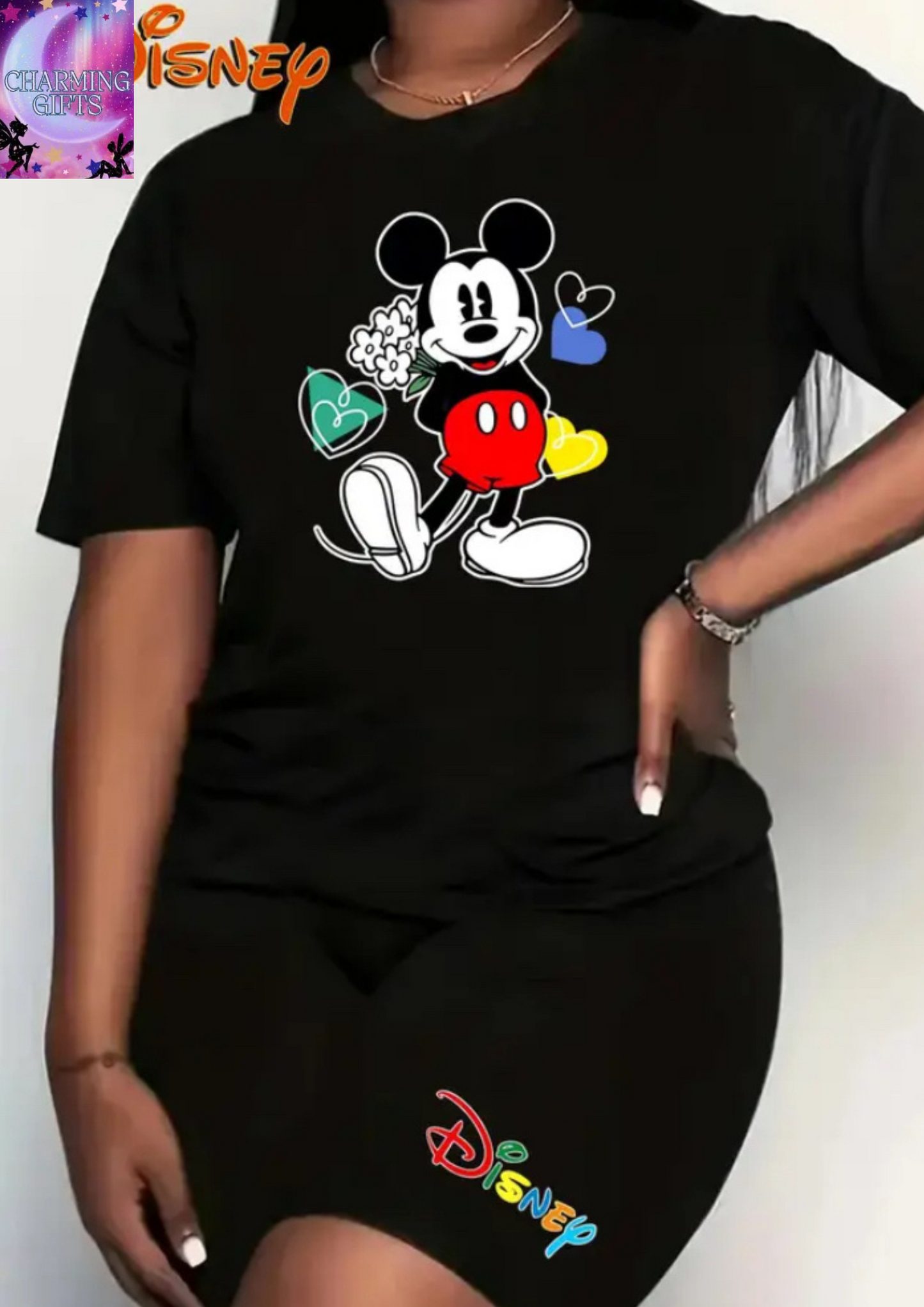 Disney Mickey Flower Heart Print Women'S Large Size T-Shirt Yoga Pants Set, Fashionable And Casual Comfortable Round Neck Short-Sleeved Pullover Top Shorts Two-Piece Set